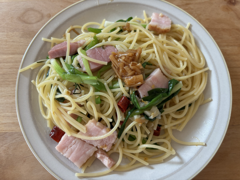 七味なめ茸と青ネギのペペロンチーノの完成イメージ